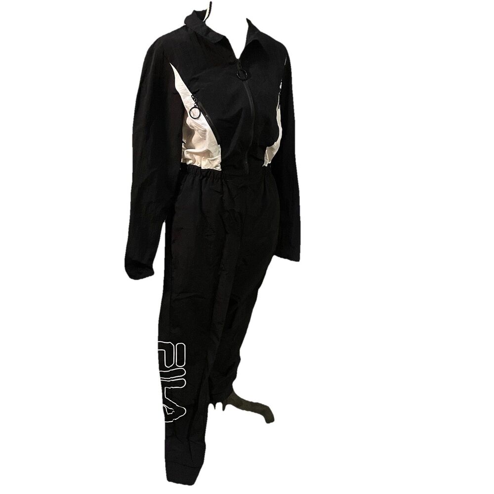 FILA Women Jumpsuit Size M Black White Acubi Cyber Grunge 90s Streetwear Zip Up